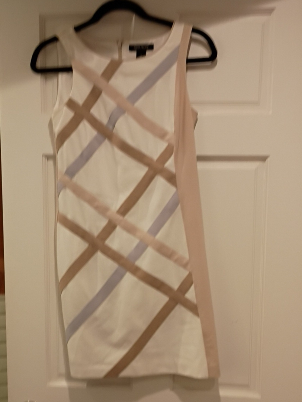 Sleeveless Beige Shift Dress with Cream Front And Tan/Blue-Gray Criss-Cross